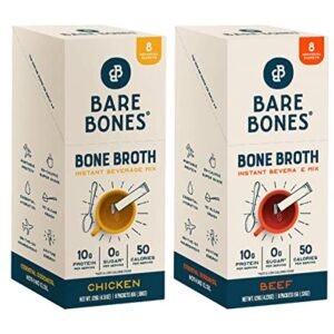 Bare Bones Bone Broth Instant Powdered Mix, Variety Pack, 8 Chicken and 8 Beef, 15g Sticks, 10g Protein, Keto & Paleo Friendly Bone Broth Packets, 16 Total Servings