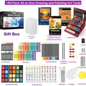 iBayam Deluxe Art Set, 195-Pack Artist Gift Box, Arts and Crafts Drawing Painting Kit Art Supplies for Adults Kids, Art Kits Paint Set with 24 Acrylic Paint, Sketchbook, Canvases, Crayons, Pencils