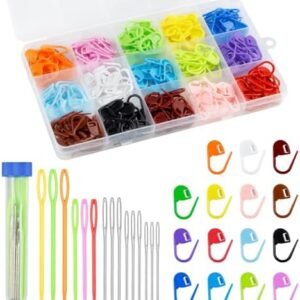 FIVEIZERO 220/900 Pieces Stitch Markers,with 15 Pcs Large Eye Blunt Sewing Needles,Colorful Crochet Stitch Markers for Knitting Stitch Locking Clips Crochet Pins with Storage Box