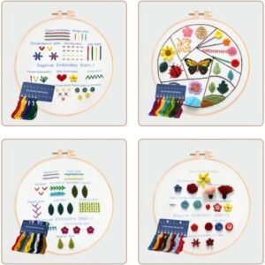 VELLBONG Embroidery Kit for Beginners 4 Sets, Embroidery Stitch Practice Kit for Hand Craft Lover, Starters Cross Stitch Kits with Embroidery Cloth, Hoop, Color Threads, Scissors, Tools & Instruction