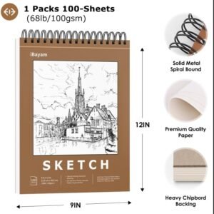 iBayam 9″ x 12″ Premium Sketch Book Set, 1-Pack Spiral Bound Drawing Paper, 100 Sheets (68lb/100gsm) Sketchbook, Acid-Free Art Drawing Painting Sketching Pad Supplies for Kids, Teens, Adults, Artists  Arts, Crafts & Sewing