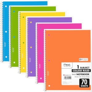 Mead Spiral Notebooks, 6 Pack, 1-Subject, College Ruled Paper, 8″ x 10-1/2″, 70 Sheets, Assorted Bright Colors (830050-ECM)  Office Products