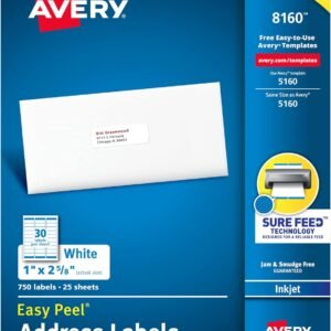 Avery Address Labels with Sure Feed for Inkjet Printers, 1″ x 2-5/8″, 750 Labels, Permanent Adhesive (8160) – 08160, White  Office Products