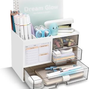 QIYVLOS Desk Organizer with 3 Drawer, Multi-Functional Pencil Pen Holder for Desk, Desk Organizers and Storage with 5 Compartments, Desktop Organizer for Office Home Art Supplies (White)  Office Products